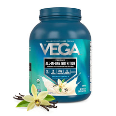 Vega tarro frontal sabor Vainilla Francesa mostrando el ahorro por envase