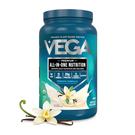 Vega tarro frontal sabor French Vanilla mostrando el envase y ventaja de conveniencia