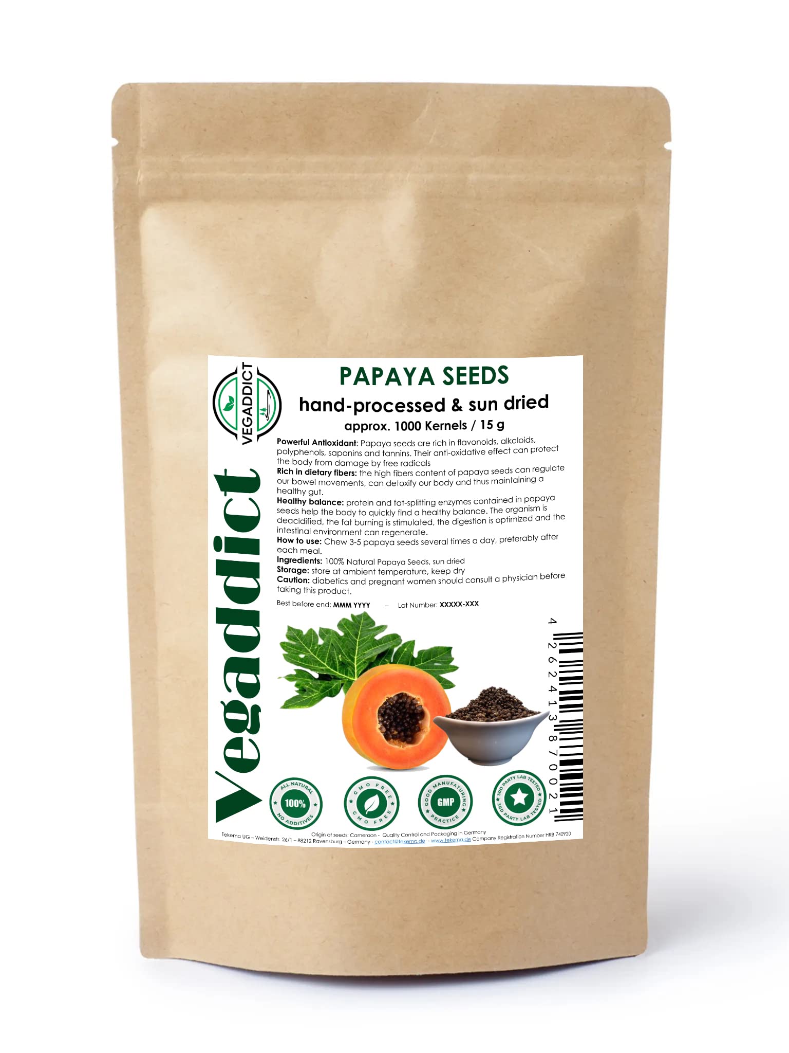 Vegaddict paquete frontal mostrando semillas secadas al sol y naturalidad