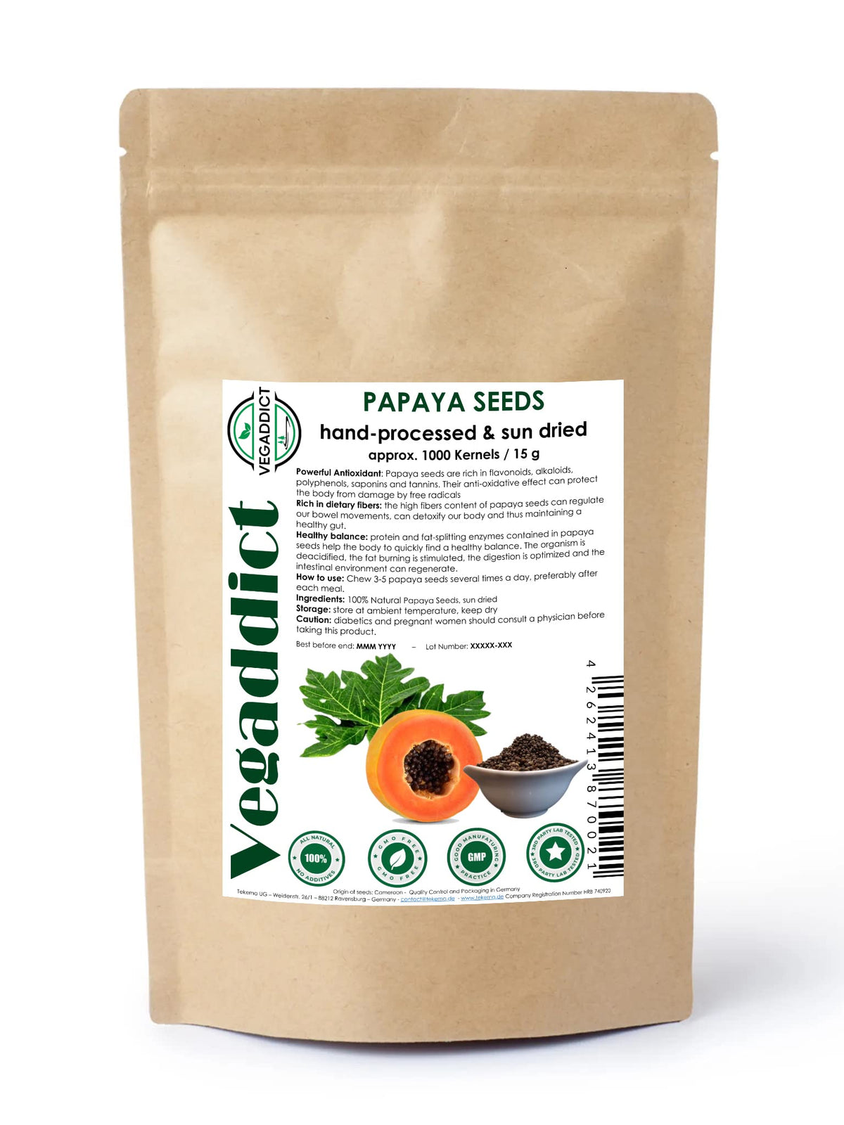 Vegaddict paquete frontal mostrando semillas secadas al sol y naturalidad