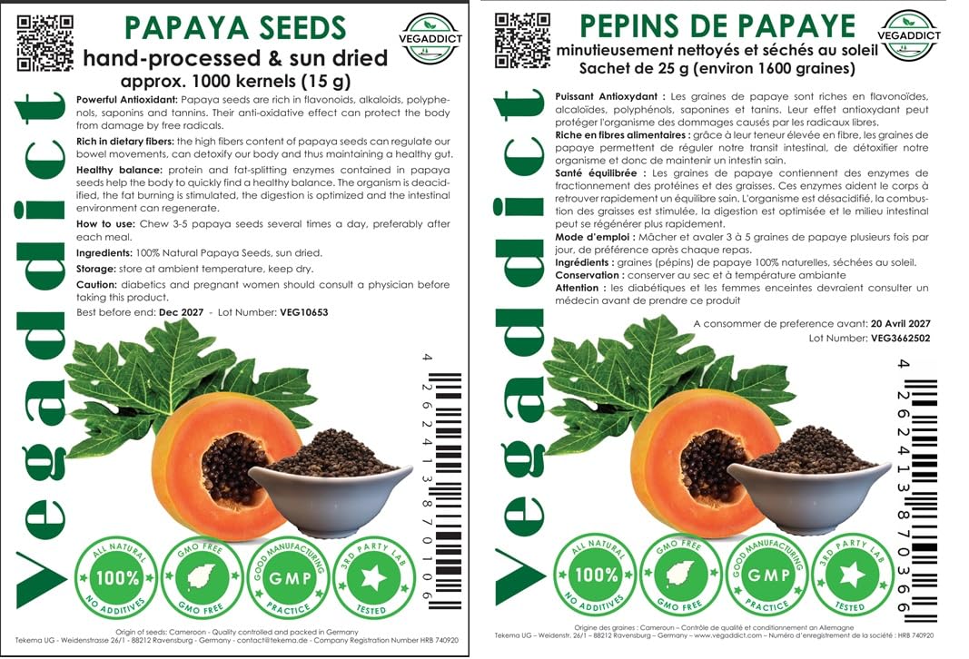 Vegaddict semillas junto a papaya fresca para mostrar origen e ingredientes
