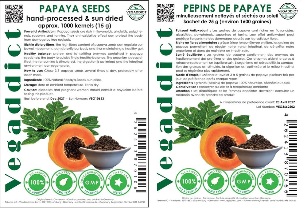 Vegaddict semillas junto a papaya fresca para mostrar origen e ingredientes