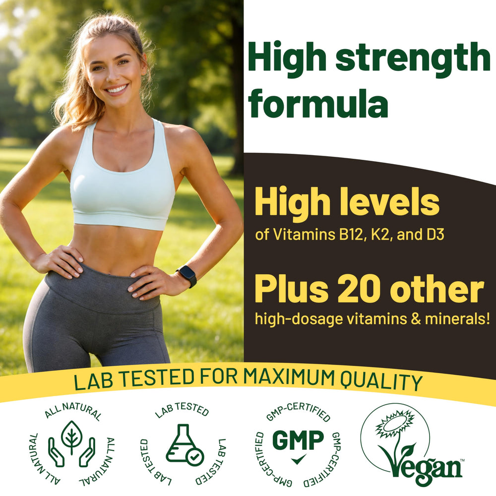 Vegan Vitality comprimido junto a mano para comparar tamaño real