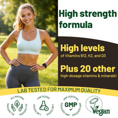 Vegan Vitality comprimido junto a mano para comparar tamaño real