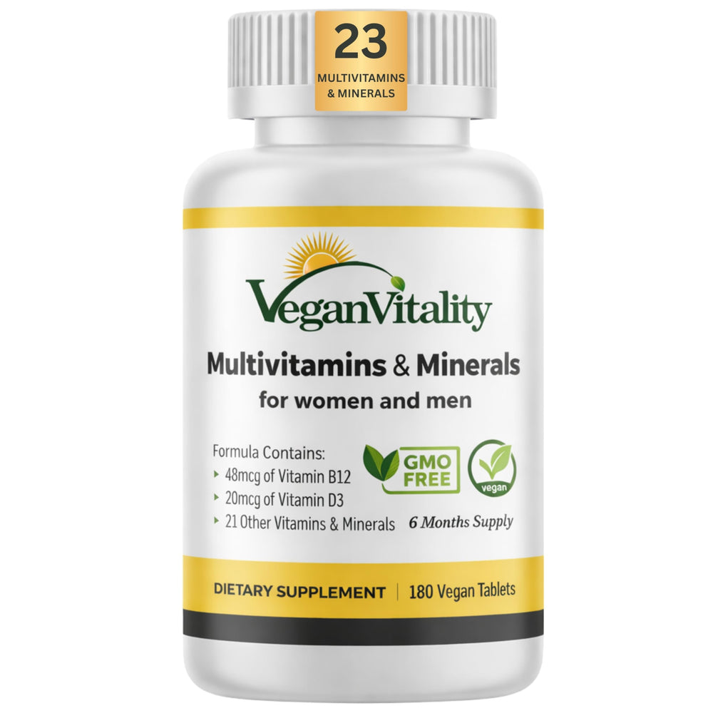Vegan Vitality envase frontal mostrando 180 comprimidos y beneficio ahorro