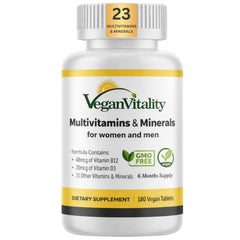 Vegan Vitality envase frontal mostrando 180 comprimidos y beneficio ahorro