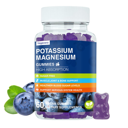 Envase frontal Vegavero Potassium Magnesium Gummies mostrando 60 unidades y beneficios