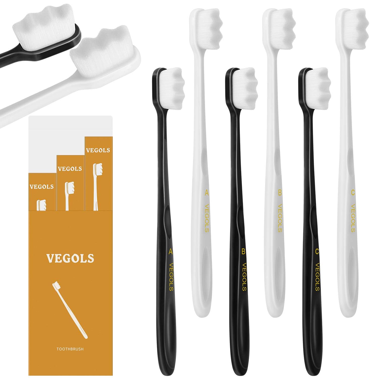 VEGOLS frontal del pack mostrando los seis cepillos y beneficio identificación clara