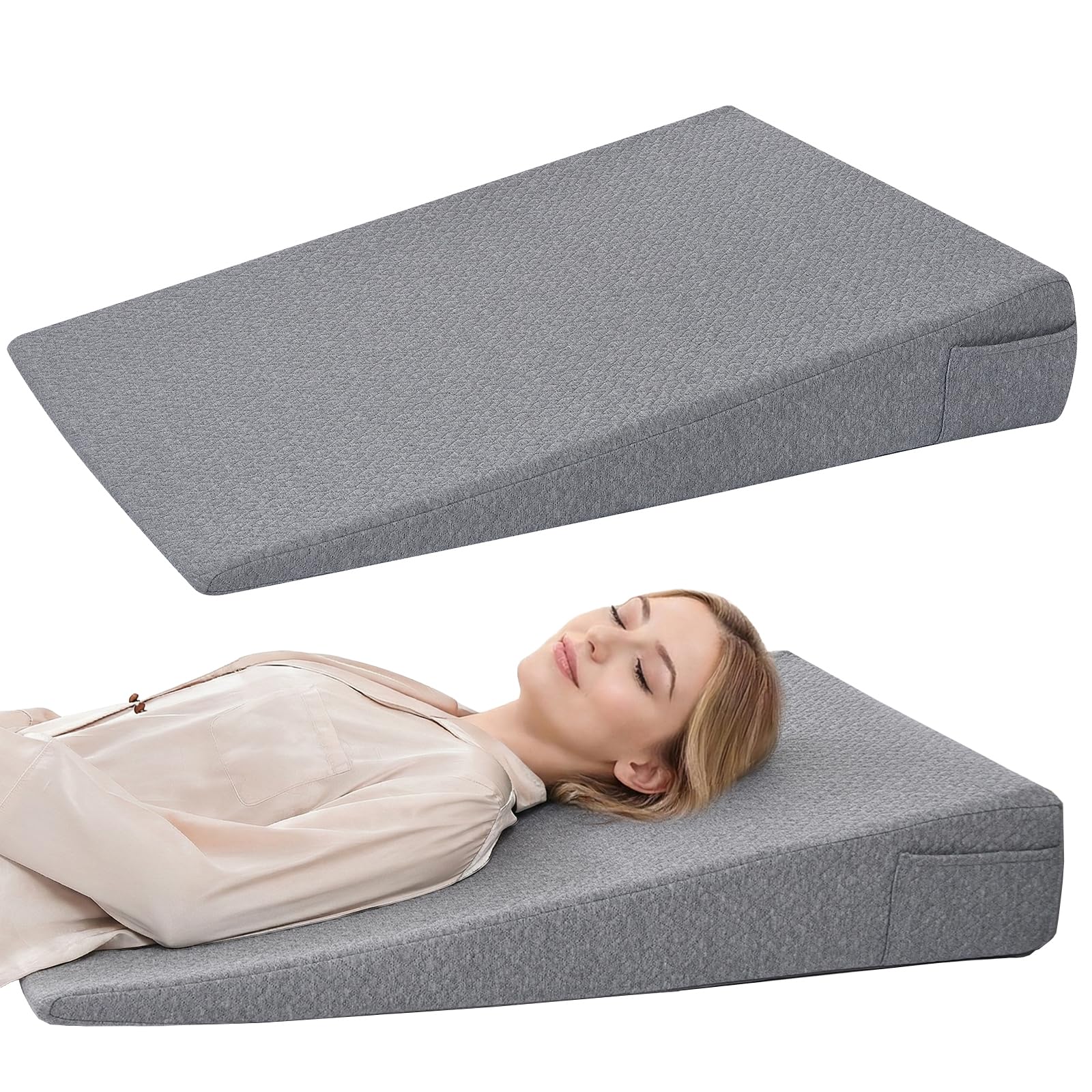 Vekkia vista frontal del wedge pillow mostrando forma y color gris para apoyo cómodo
