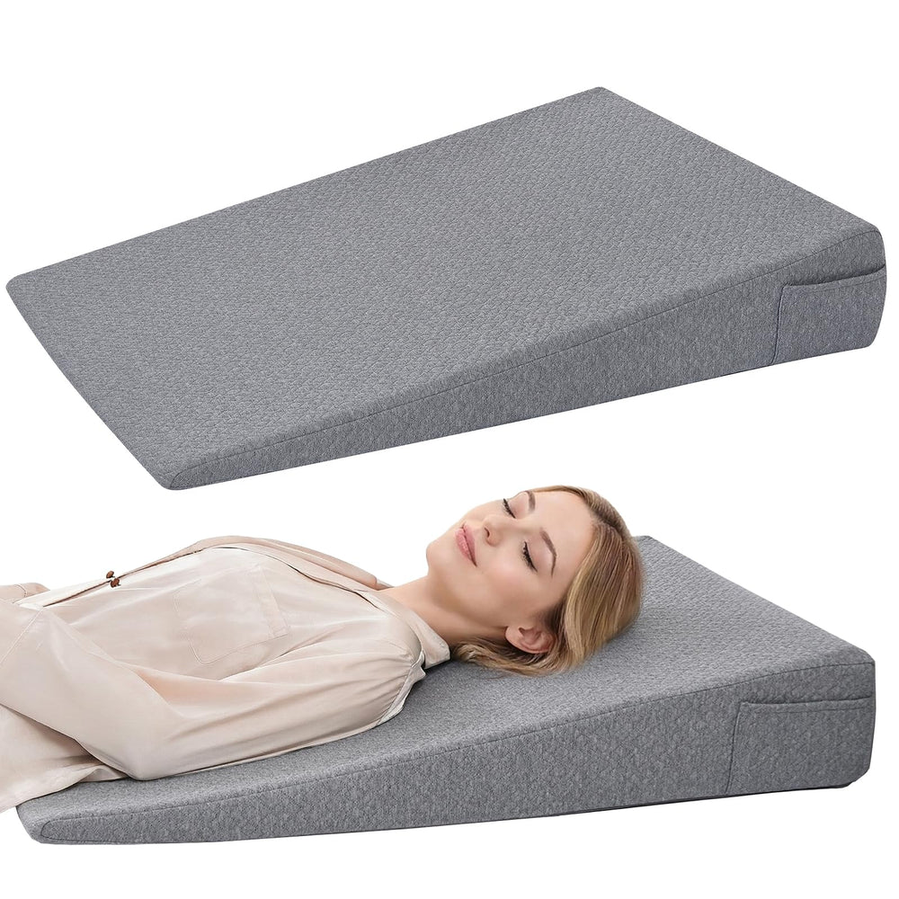 Vekkia vista frontal del wedge pillow mostrando forma y color gris para apoyo cómodo
