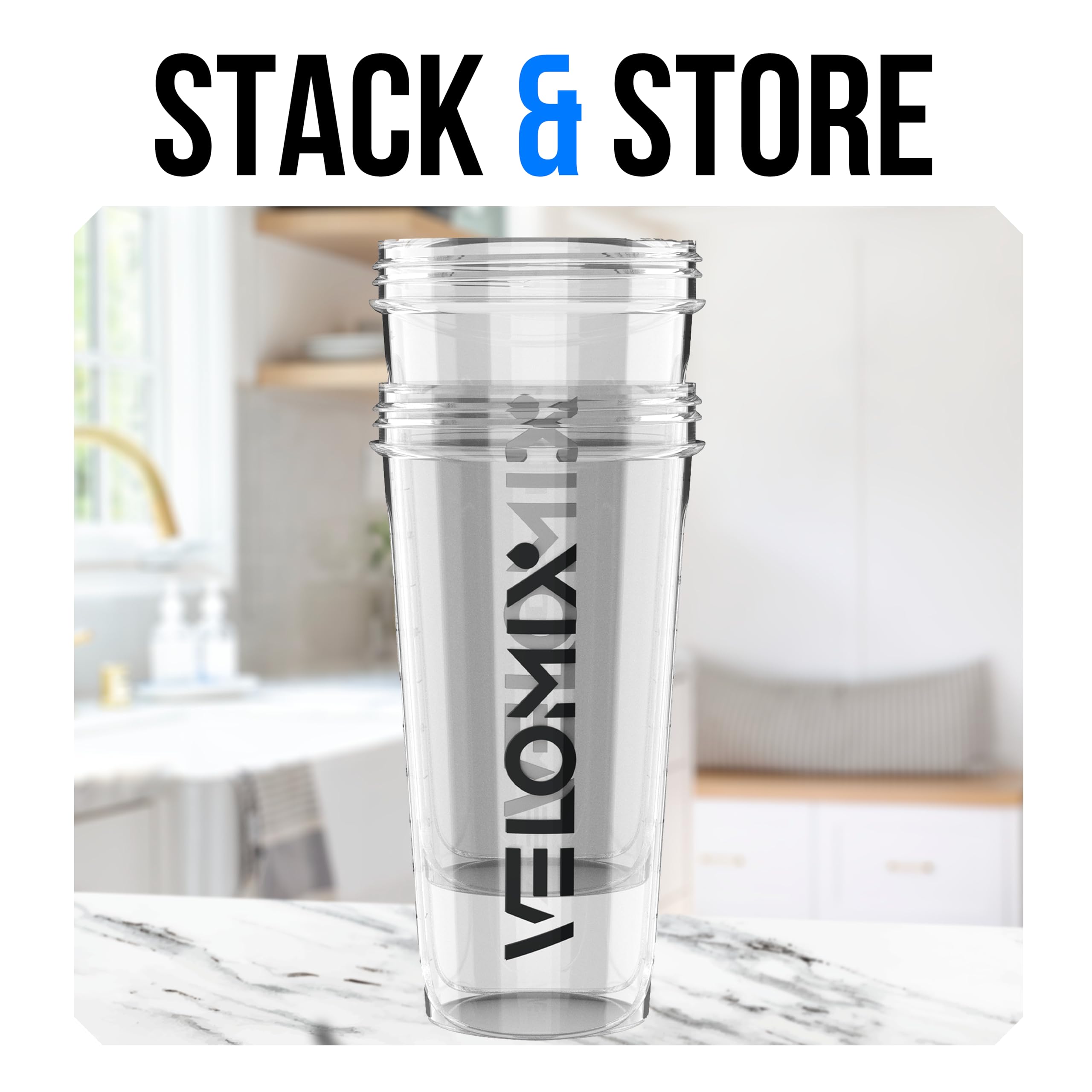 VELOMIX con comparativa de tamaño 28oz, capacidad ideal para batidos