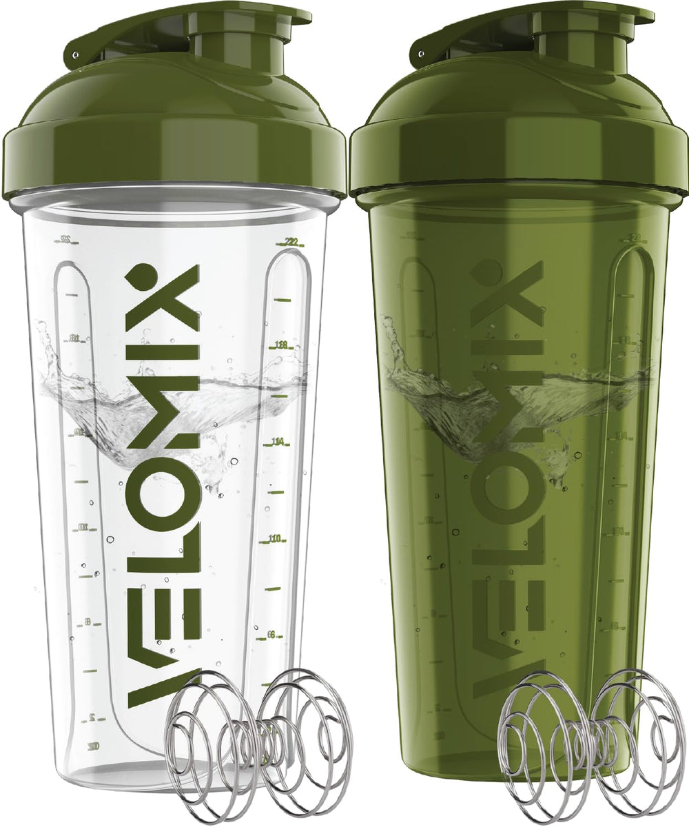 VELMOMIX botella frontal verde bosque mostrando diseño y capacidad, ideal para batidos sin derrames