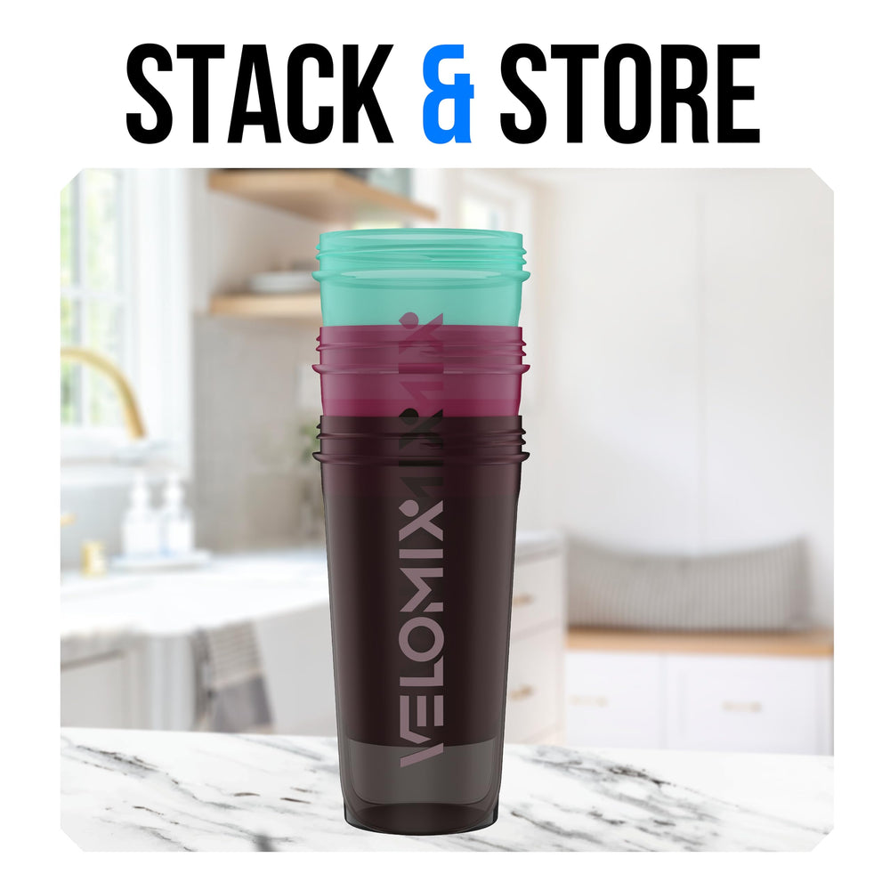 VELOMIX etiqueta con capacidad 14oz y marcas de medición para porciones precisas