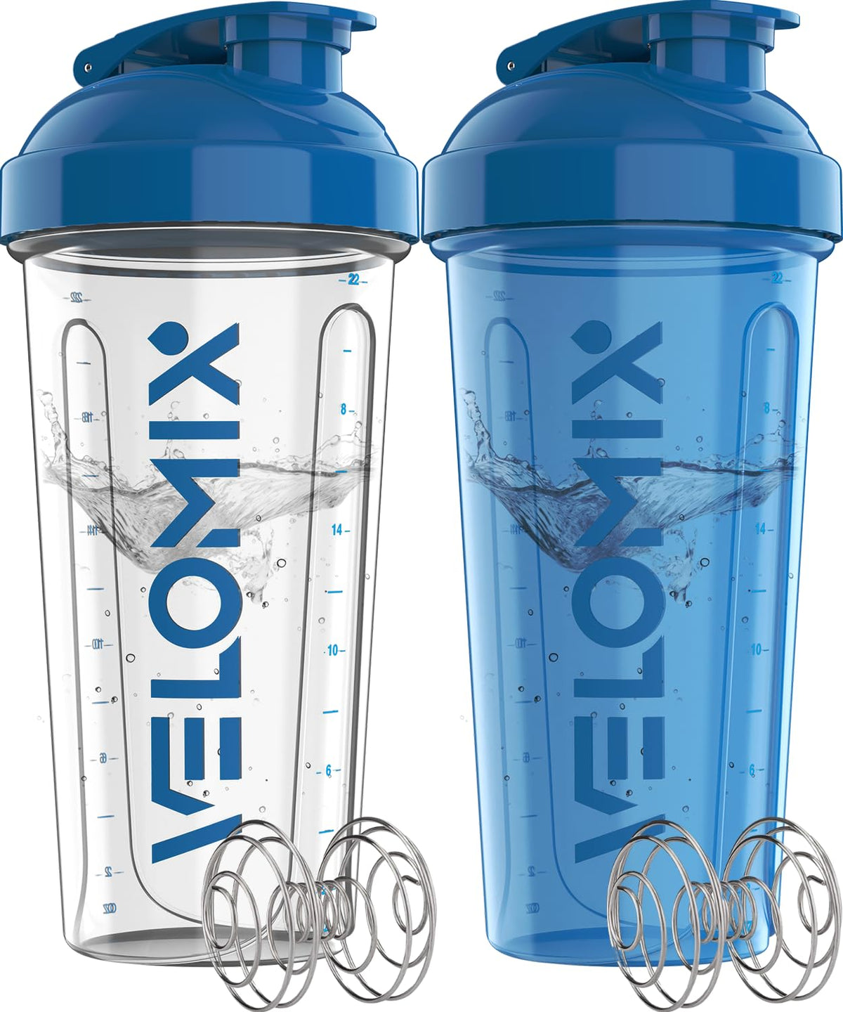 VELOMIX vista frontal del pack azul transparente, prepara batidos rápidamente