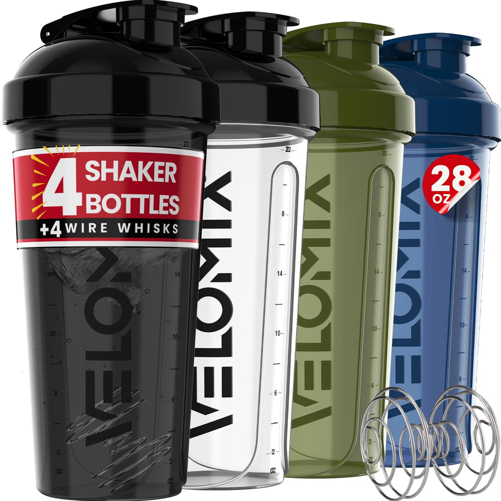 VELOMIX frontal del pack de cuatro botellas mostrando colores y diseño práctico