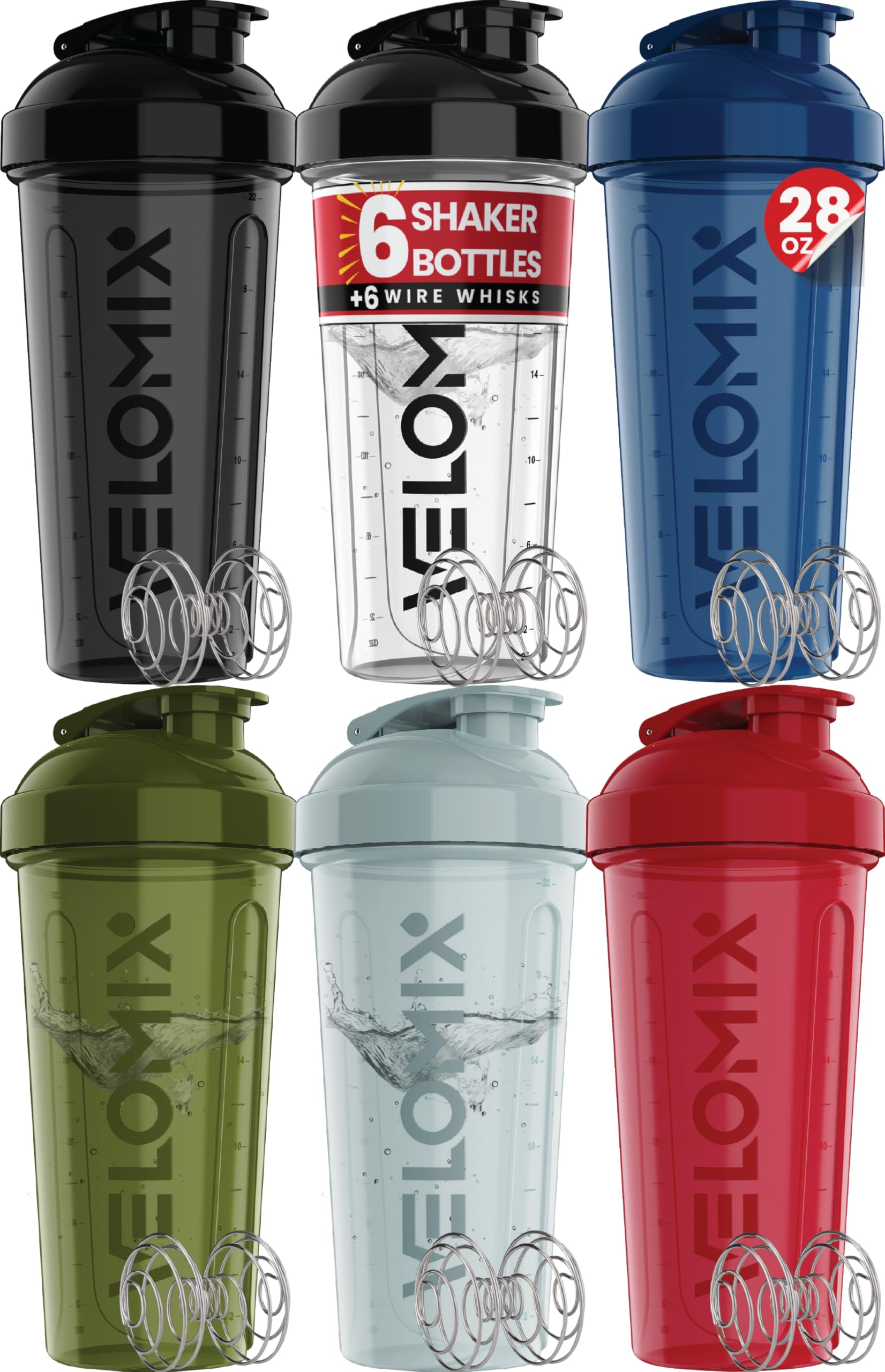 VELOMIX pack de seis shakers frontales muestra color degradado y conveniencia