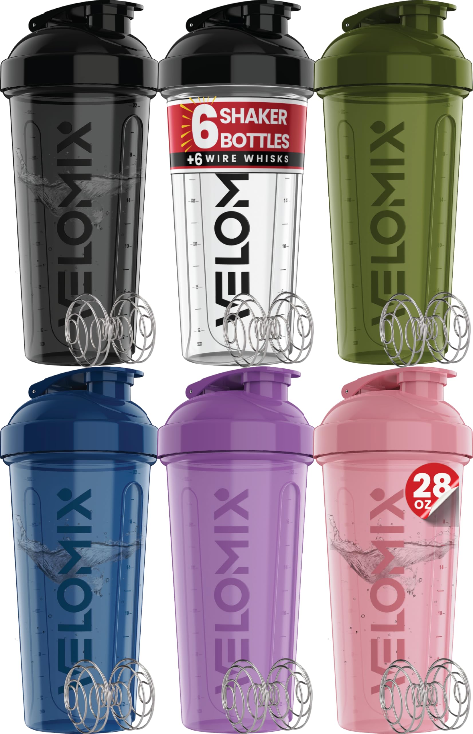 VELOMIX vista frontal del pack de seis shakers con beneficios de almacenamiento