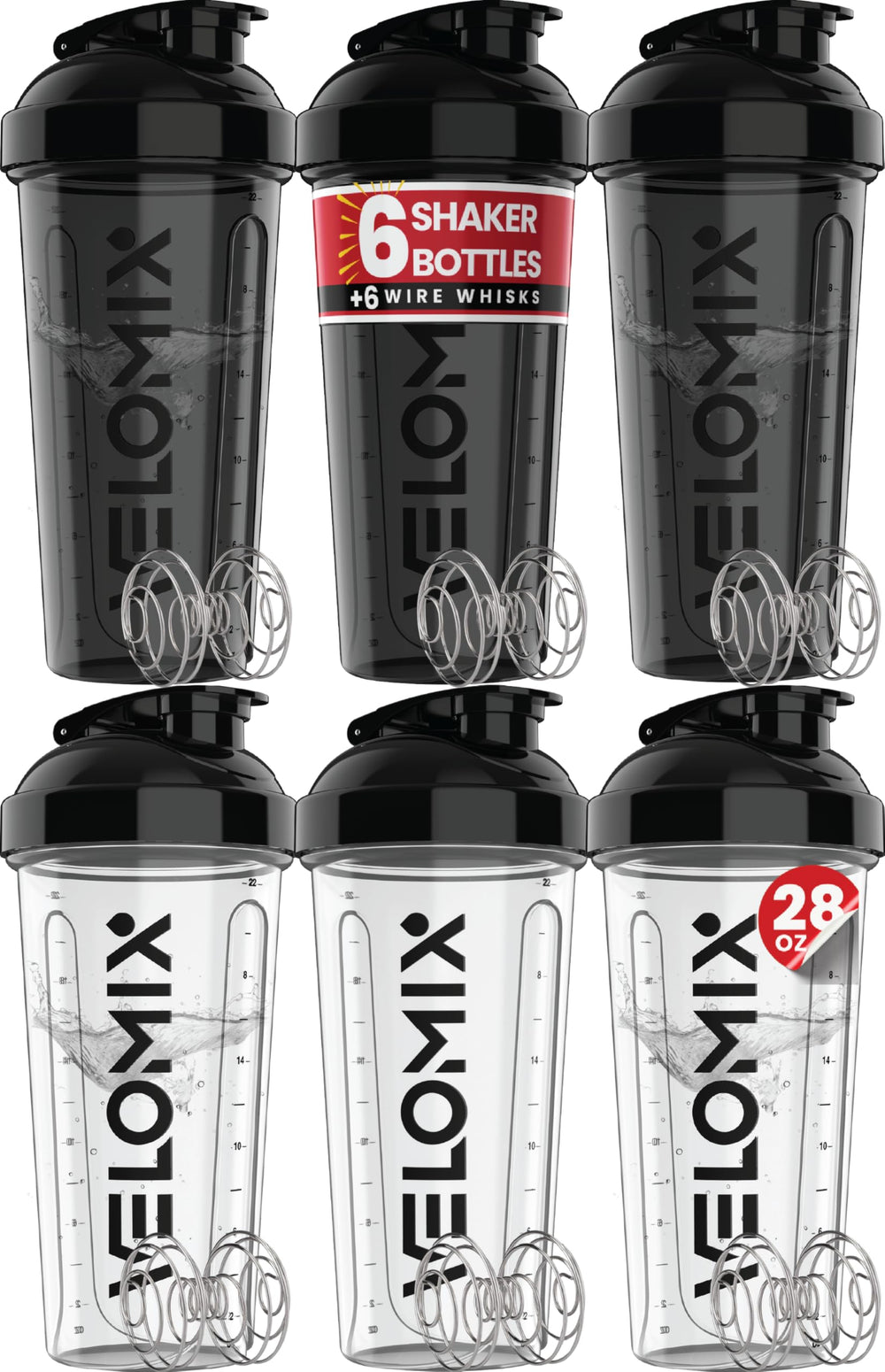 VELOMIX frontal del paquete de 6 shakers mostrando colores y tapa segura