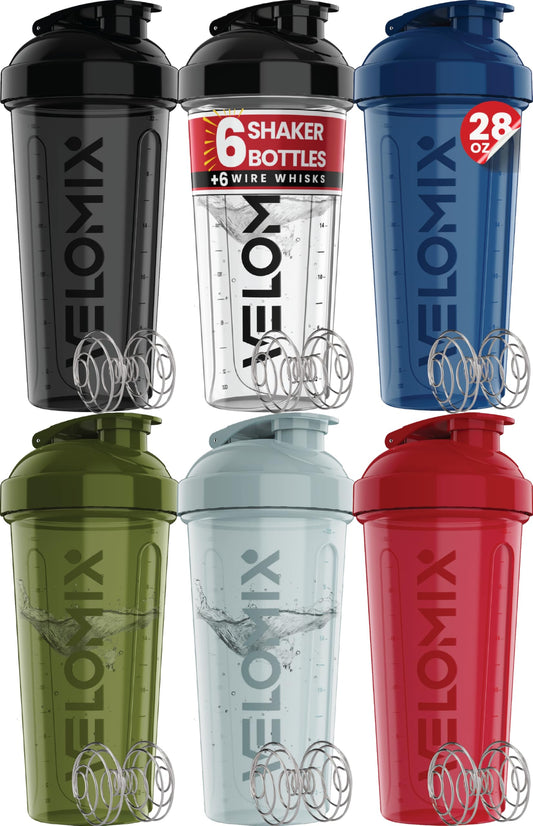VELOMIX pack de seis shakers frontales muestra color degradado y conveniencia
