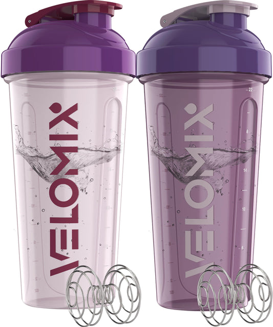 VELOMIX frontal pack morado mostrando dos botellas, práctico y moderno