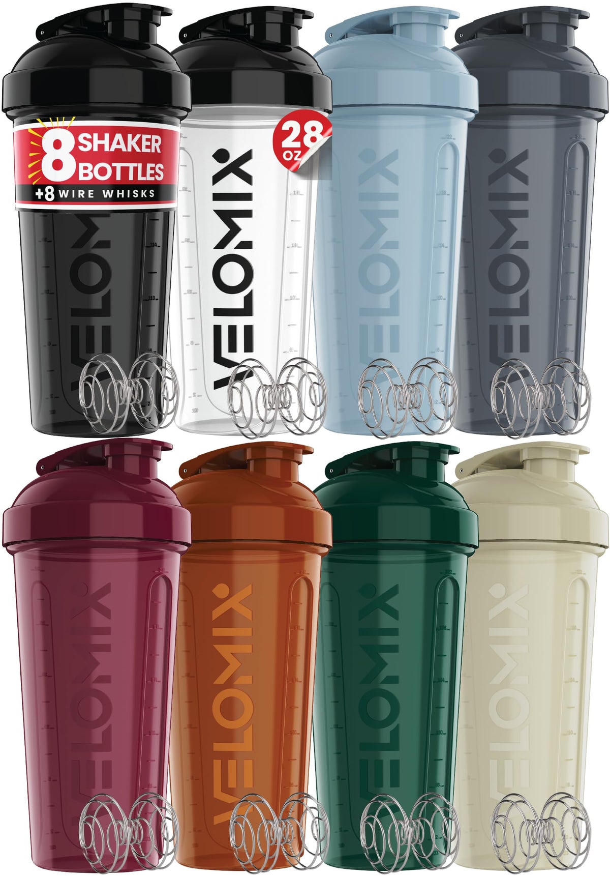 VELOMIX vista frontal del pack de 8 botellas, almacenamiento compacto
