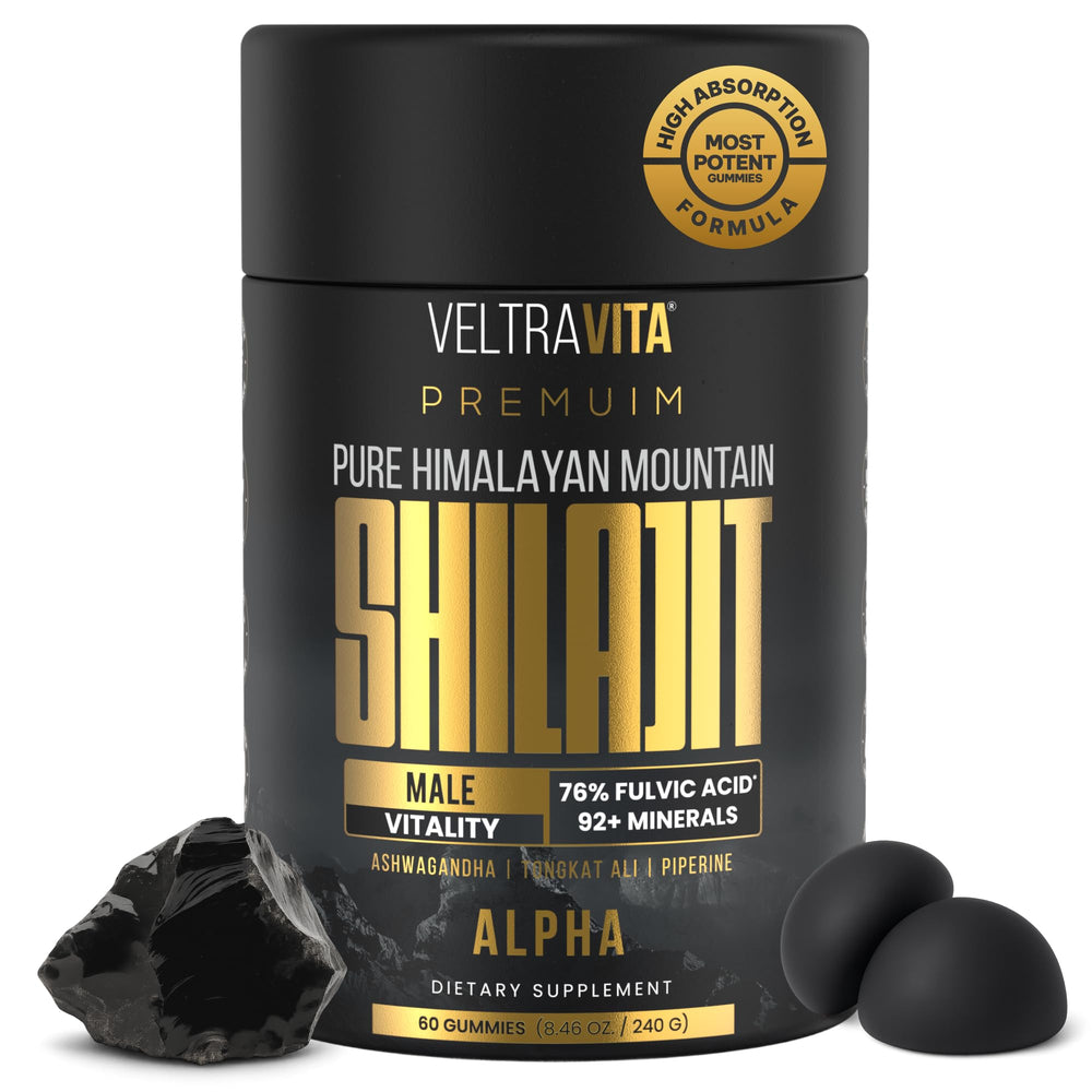 VeltraVita envase frontal de Alpha Shilajit Gummies mostrando diseño y beneficios