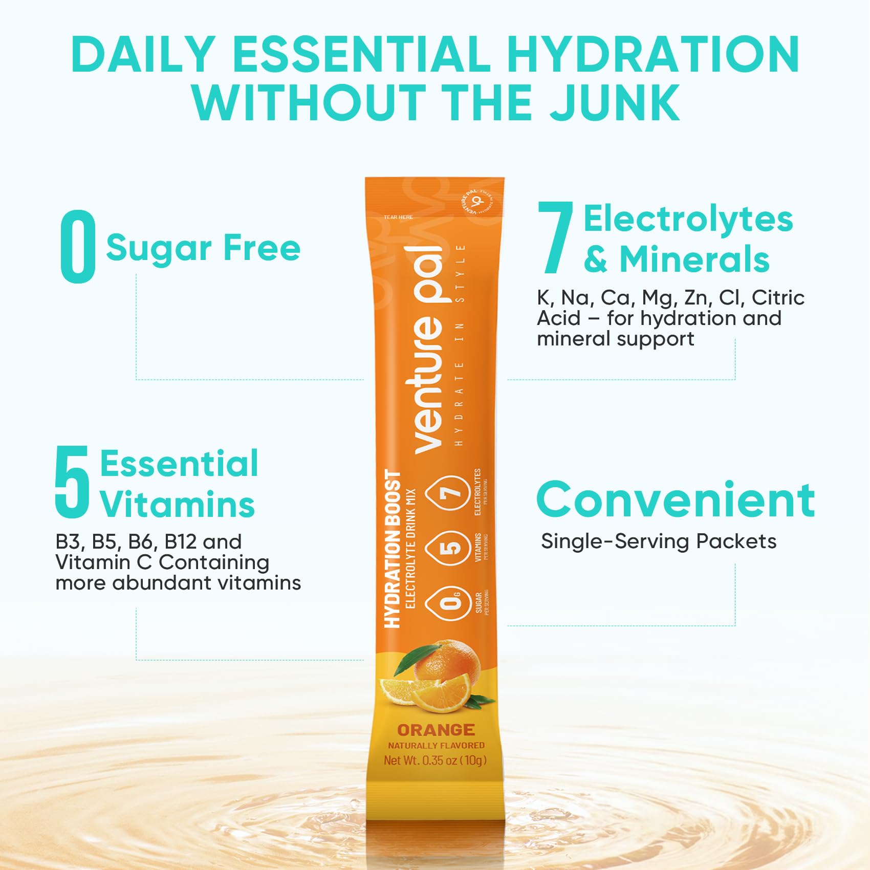 Venture Pal detalle de etiqueta con lista de electrolitos y vitaminas
