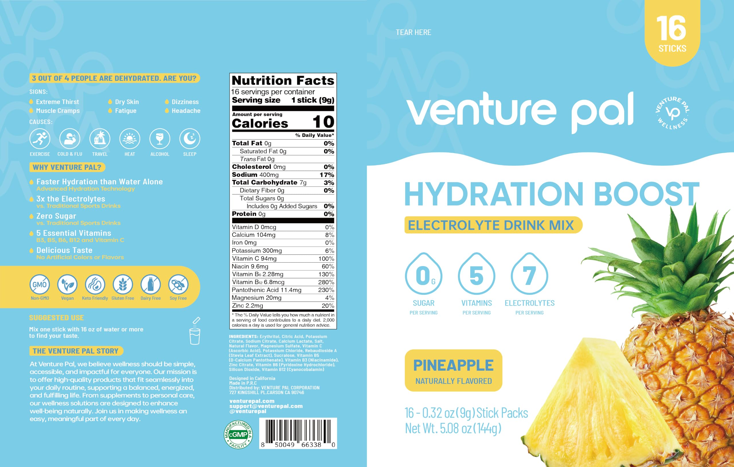 Venture Pal etiqueta detalle que subraya sin colorantes ni azúcares
