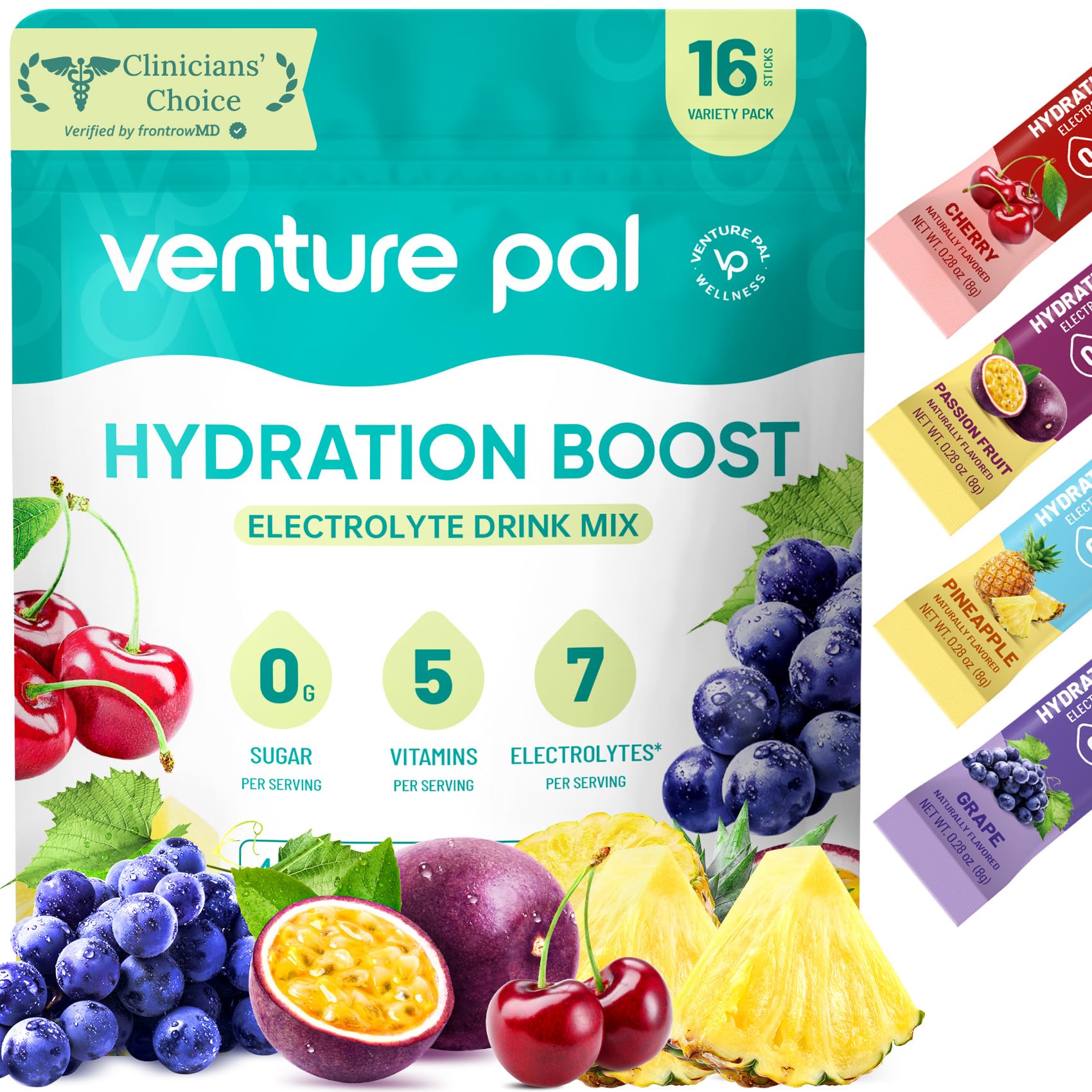 Venture Pal empaque frontal mostrando sobres individuales y beneficios claros