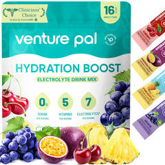 Venture Pal empaque frontal mostrando sobres individuales y beneficios claros