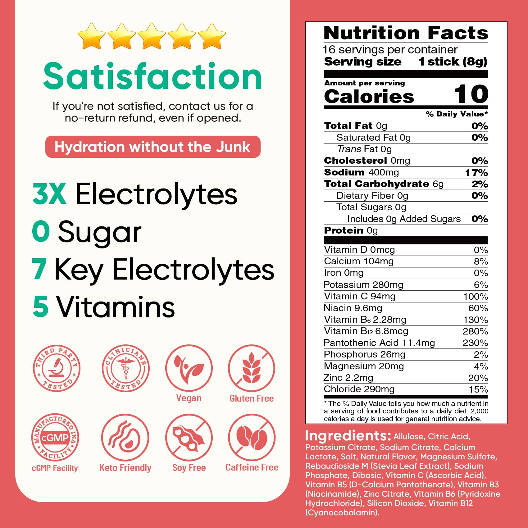 Venture Pal etiqueta de ingredientes legible, transparencia en minerales y vitaminas