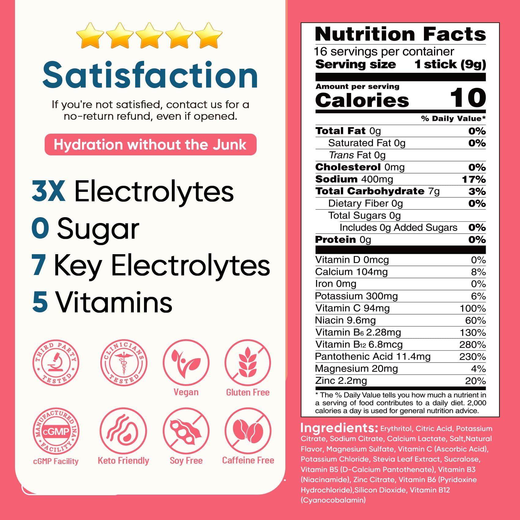Venture Pal etiqueta de ingredientes, lista de electrolitos y vitaminas