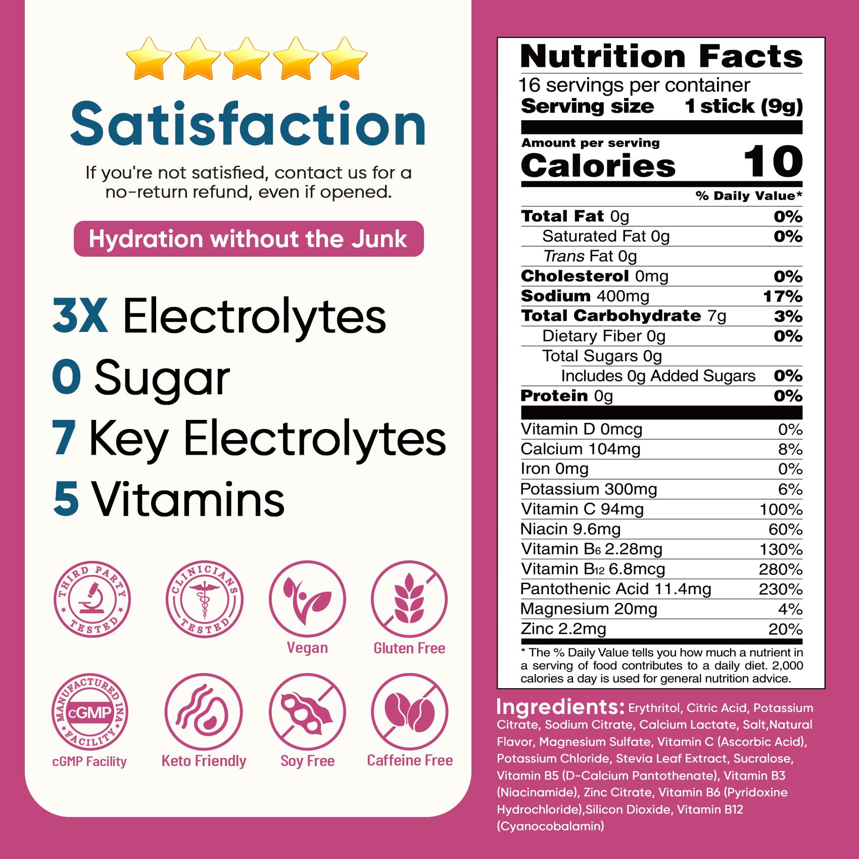 Venture Pal etiqueta nutricional en detalle, información clara de electrolitos y vitaminas