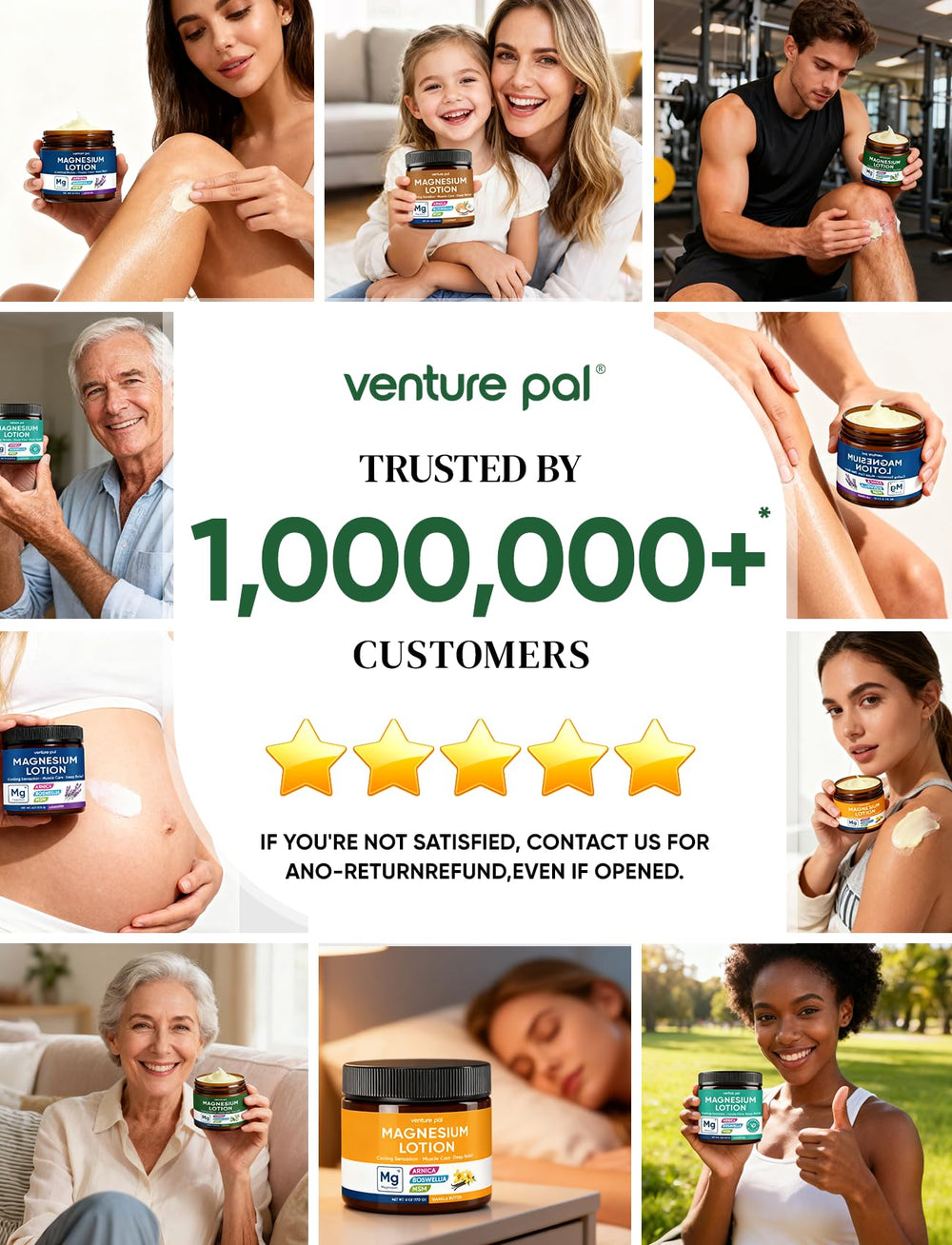 Venture Pal etiqueta enfocada en ingredientes y promesa de devolución sin complicaciones