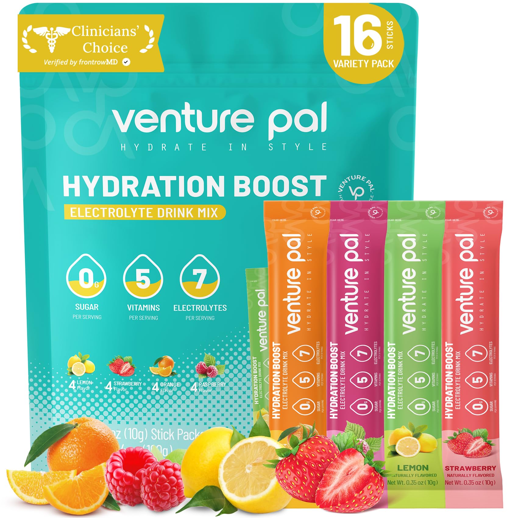 Venture Pal frente del empaque mostrando sobres y beneficios rápidos