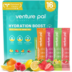 Venture Pal frente del empaque mostrando sobres y beneficios rápidos