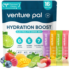 Venture Pal frente del envase mostrando sobres, comodidad al transportar