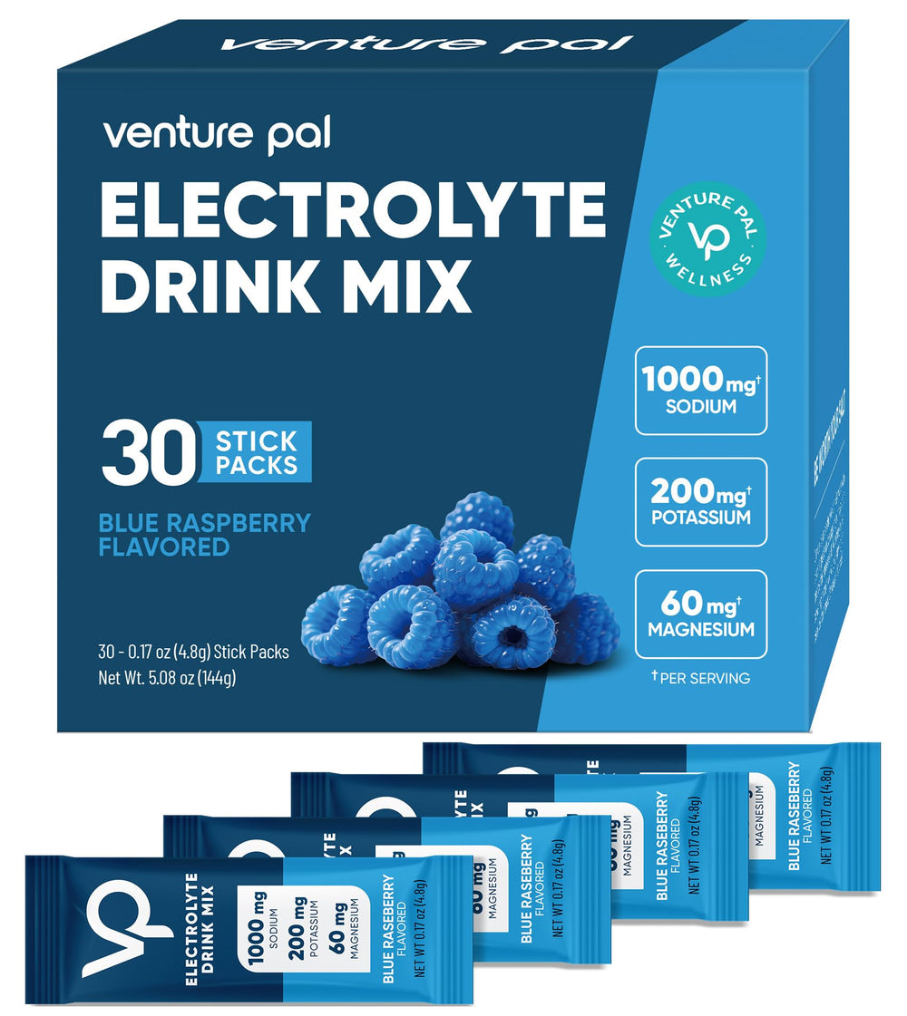 Venture Pal frente del paquete mostrando 30 sobres y beneficio portable