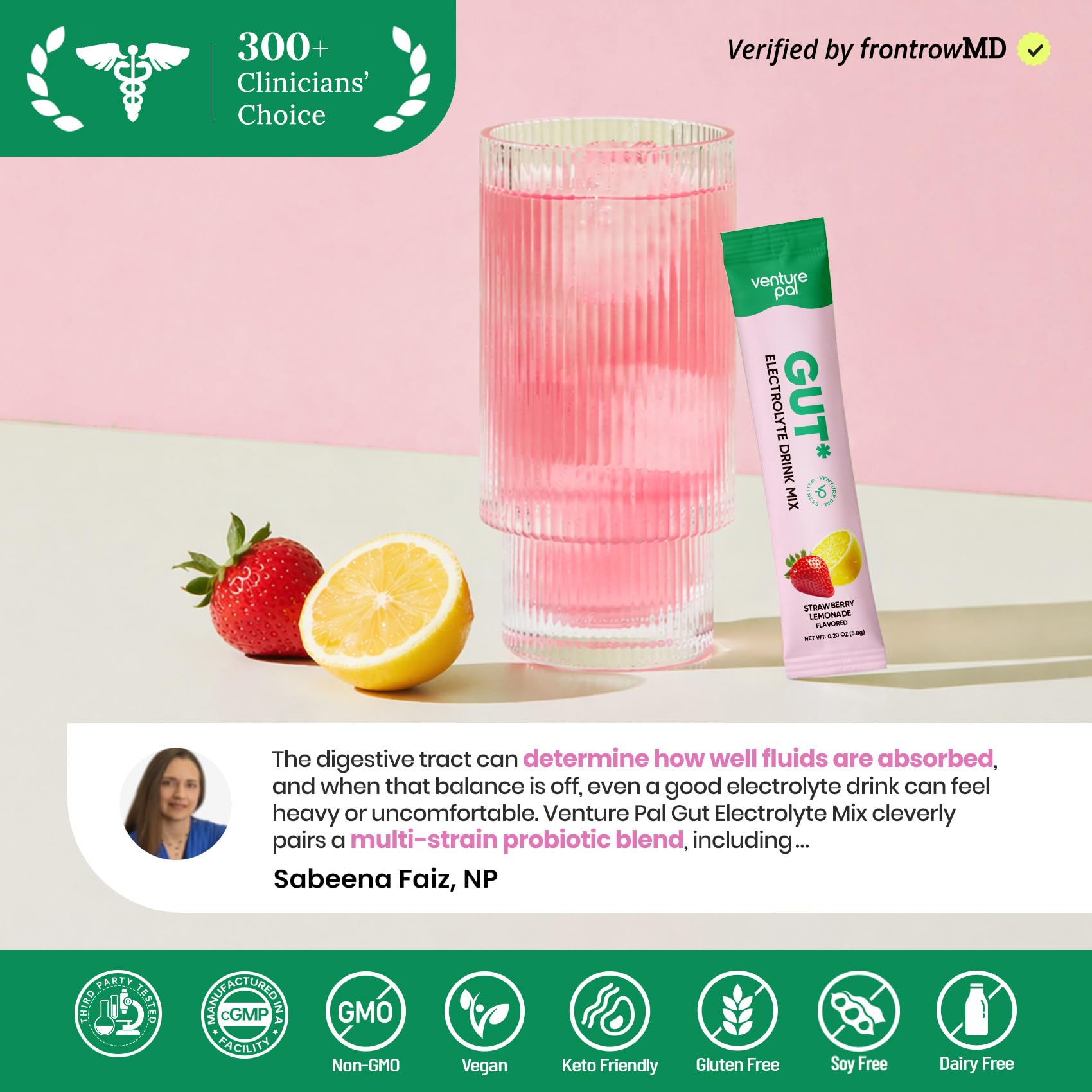 Venture Pal etiqueta de ingredientes que resalta electrolitos, vitaminas y transparencia