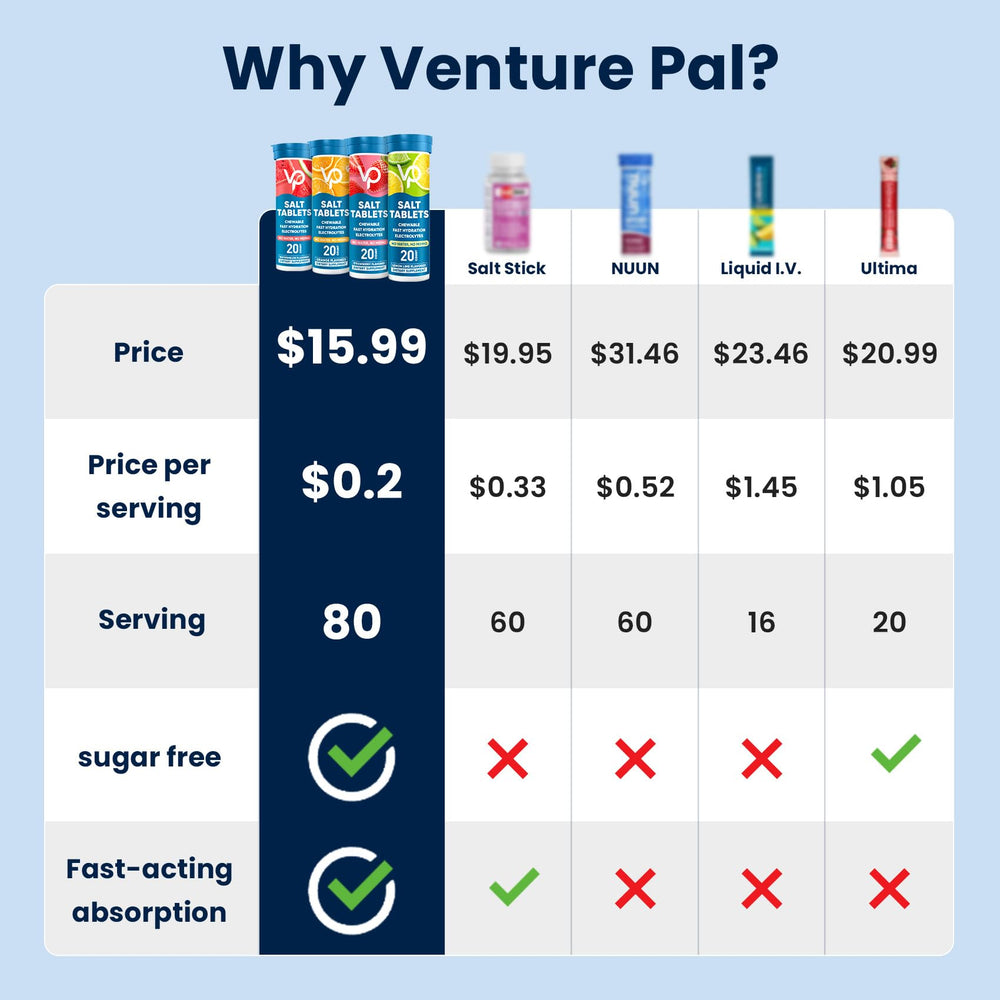 Venture Pal tabletas dispersas mostrando variedad y conveniencia portátil