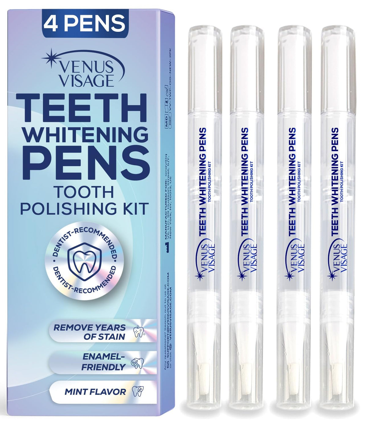 VENUS VISAGE empaque frontal del kit mostrando cuatro bolígrafos y beneficios rápidos
