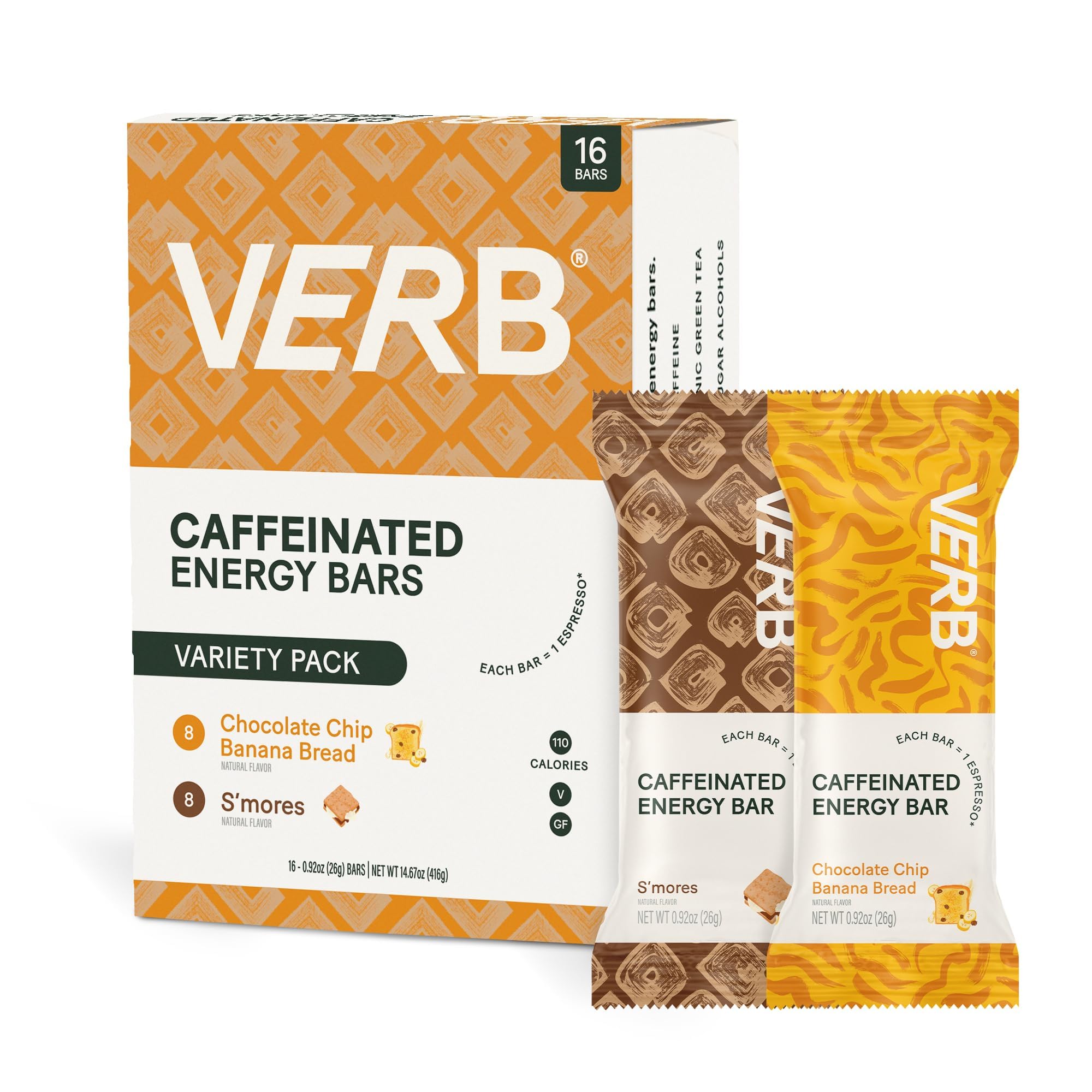 Verb Caffeinated Energy Bar empaque frontal, práctico y portátil