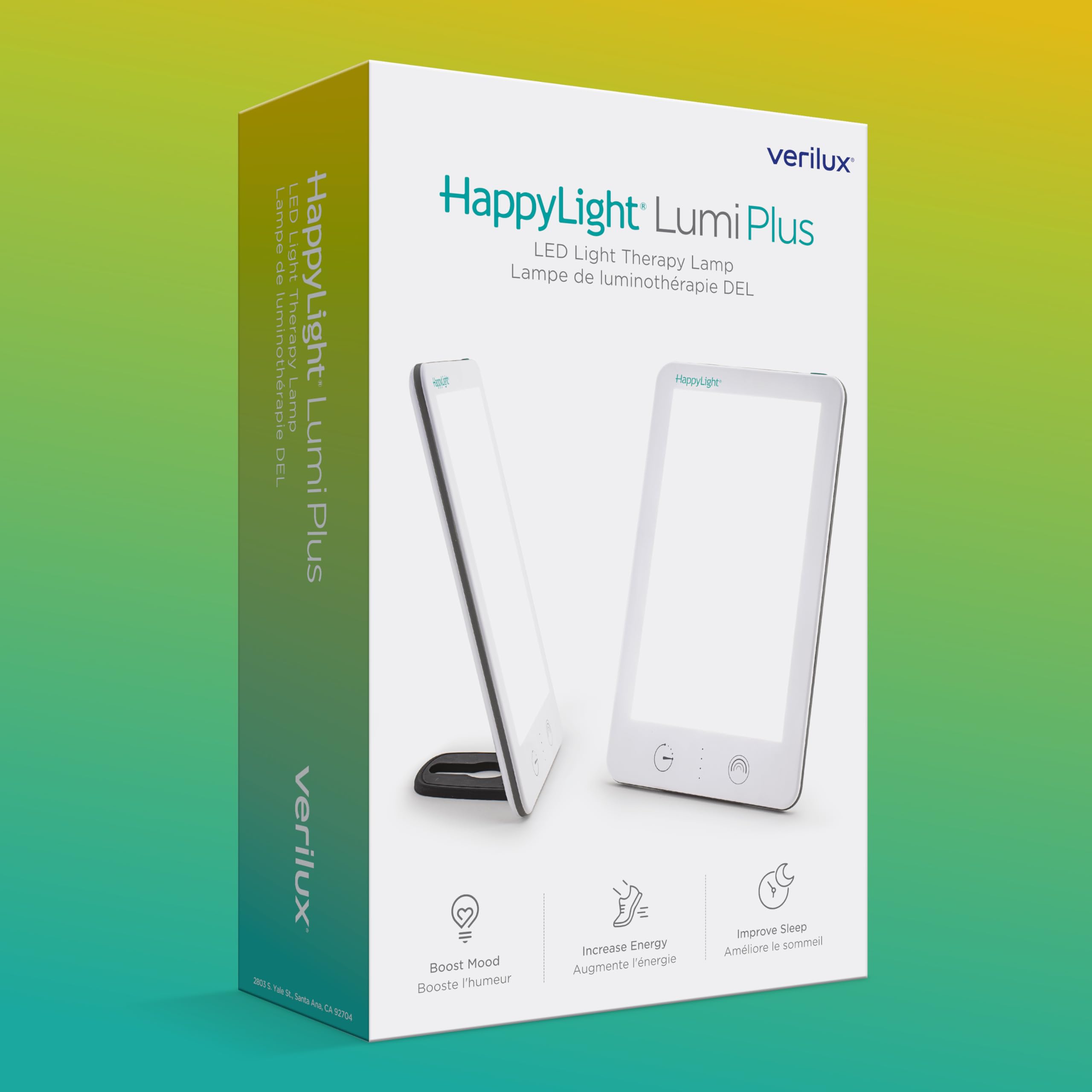 Verilux HappyLight Lumi Plus caja y etiqueta con especificaciones claras