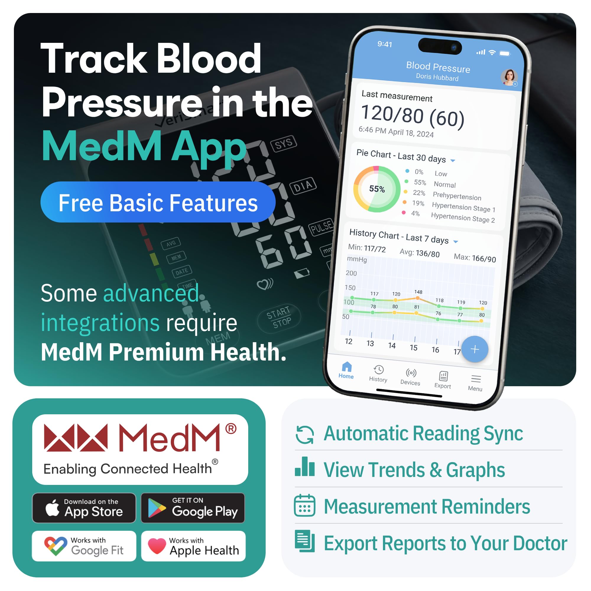 VeriSmart conectado a teléfono mostrando la app MedM Health y sincronización segura