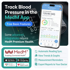 VeriSmart conectado a teléfono mostrando la app MedM Health y sincronización segura