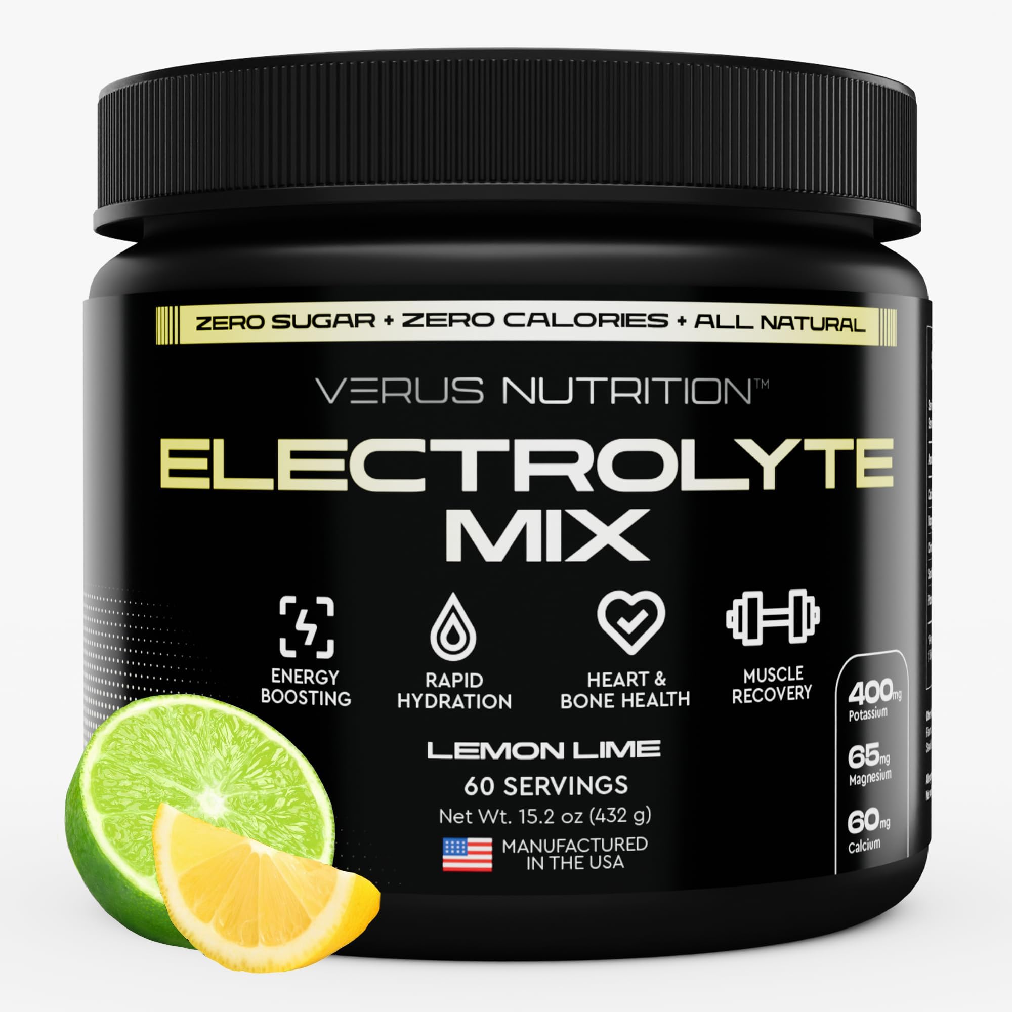 VERUS NUTRITION frasco frontal mostrando diseño y 60 porciones, fácil identificación