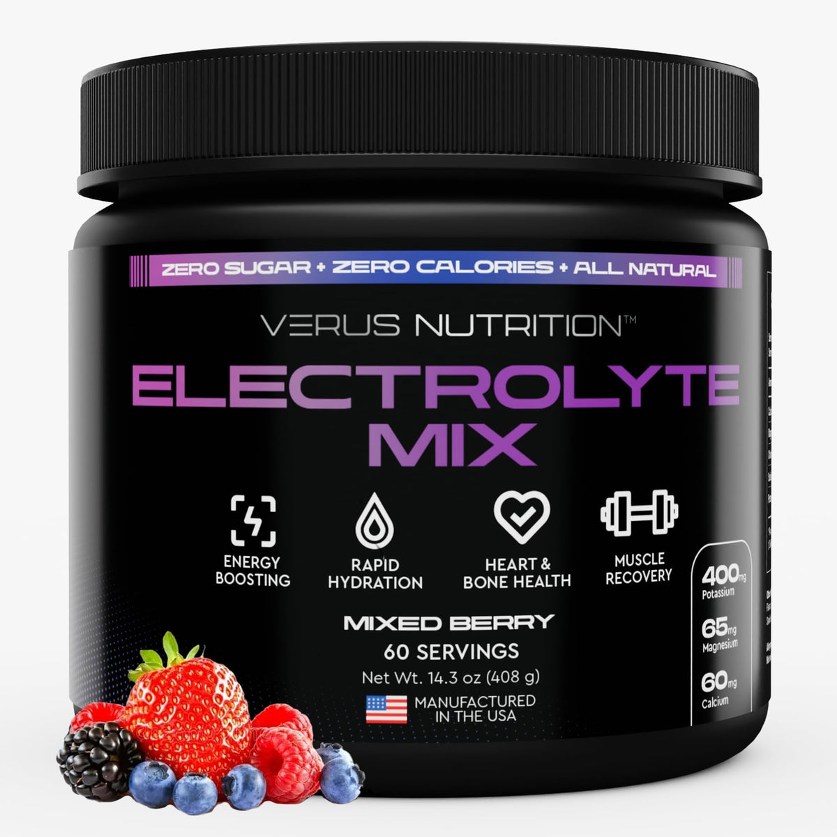 VERUS NUTRITION envase frontal mostrando sabor Mixed Berry y porciones
