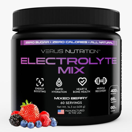 VERUS NUTRITION envase frontal mostrando sabor Mixed Berry y porciones
