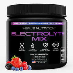 VERUS NUTRITION envase frontal mostrando sabor Mixed Berry y porciones