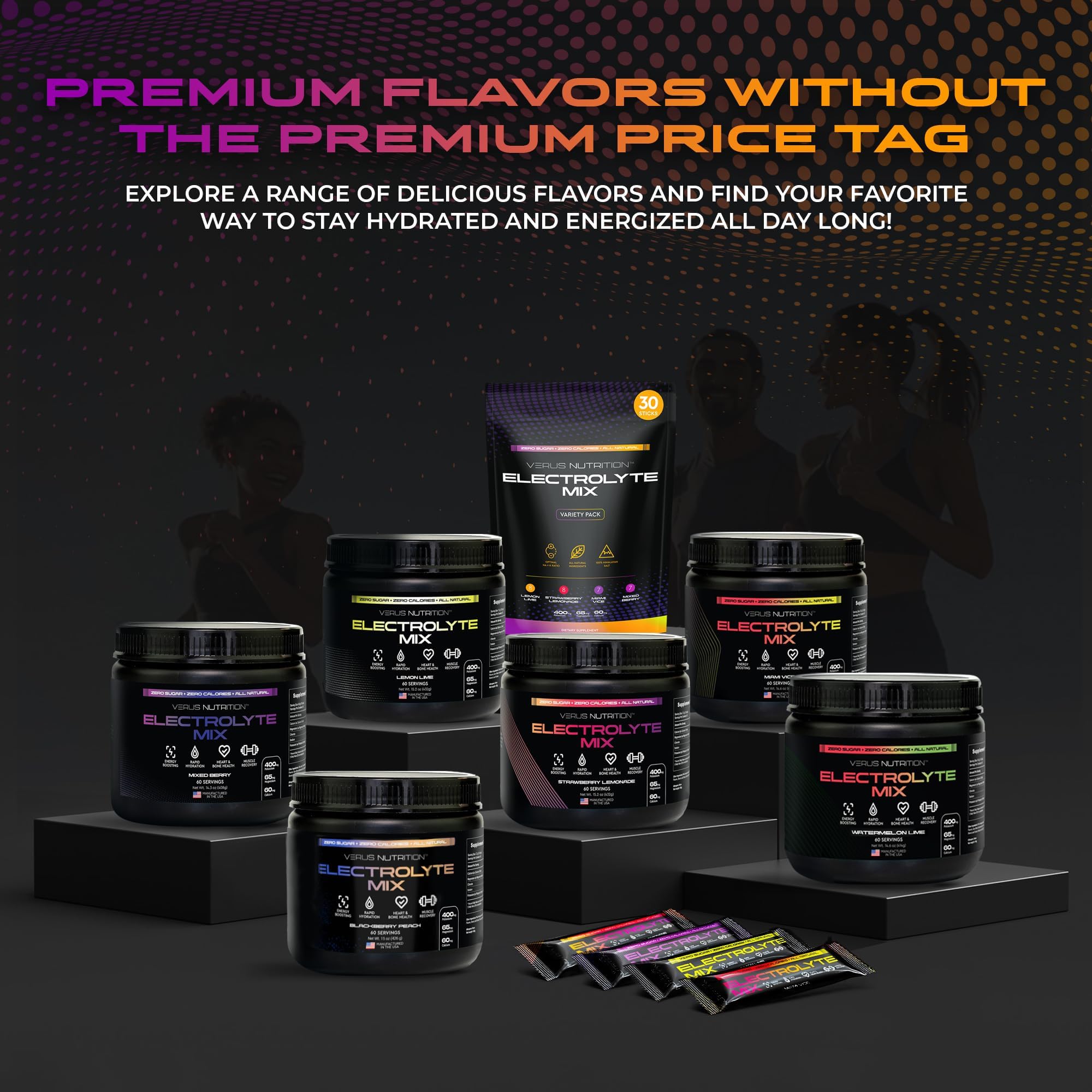 VERUS NUTRITION pack mostrado en mesa con elementos deportivos para estilo de vida activo